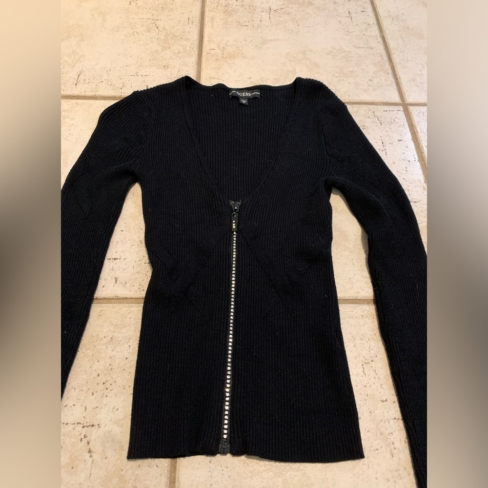 GUESS Black Ribbed Knit Rhinestone Zip-Up Cardigan Top - XS - Picture 5 of 10